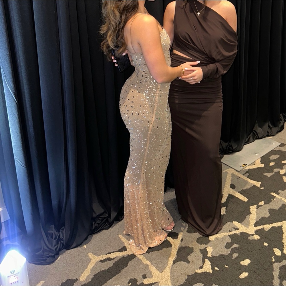 Oh Polly Gold and Tan Embellished Maxi Dress Size 2, Worn once, no flaws